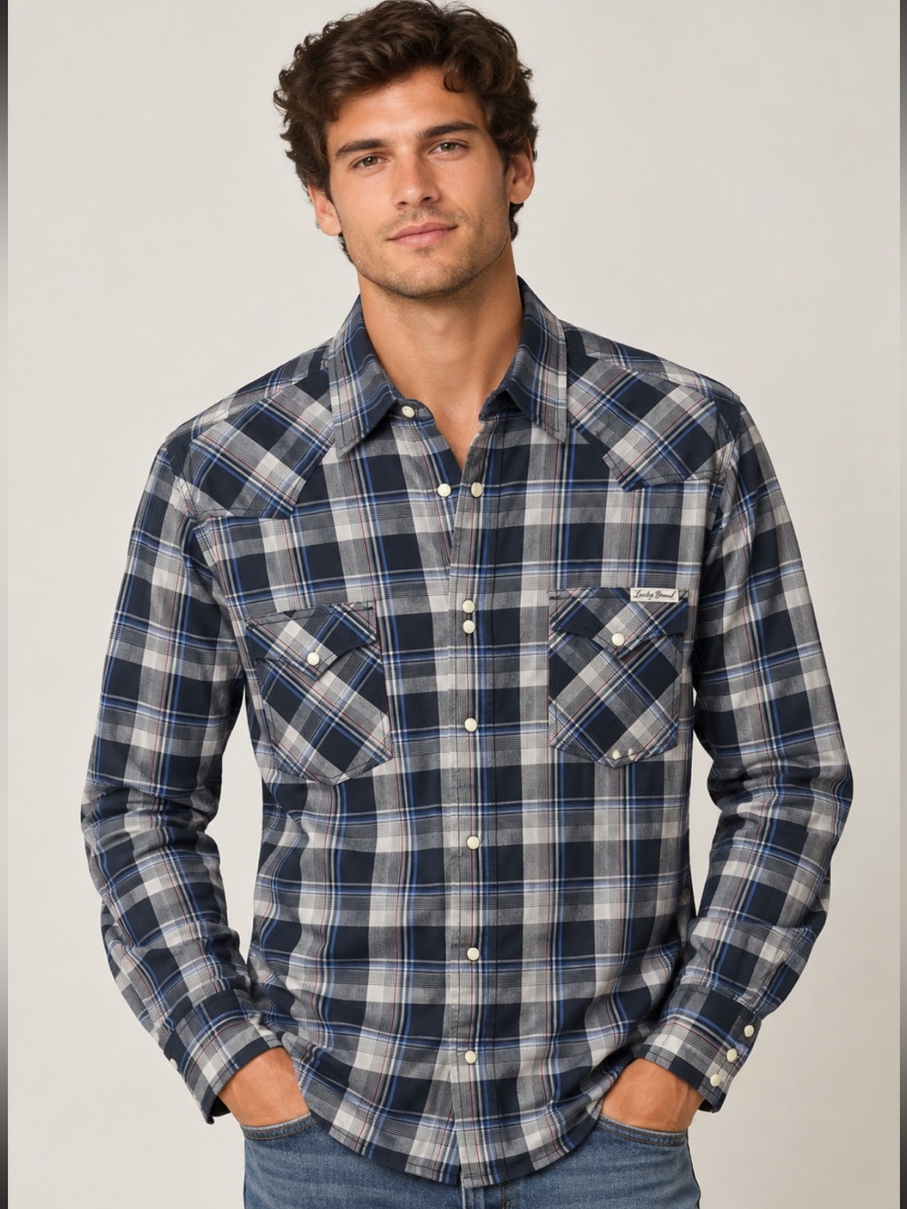 Lucky Brand Distinctive Western Sportswear Plaid Shirt Blue & Grey M